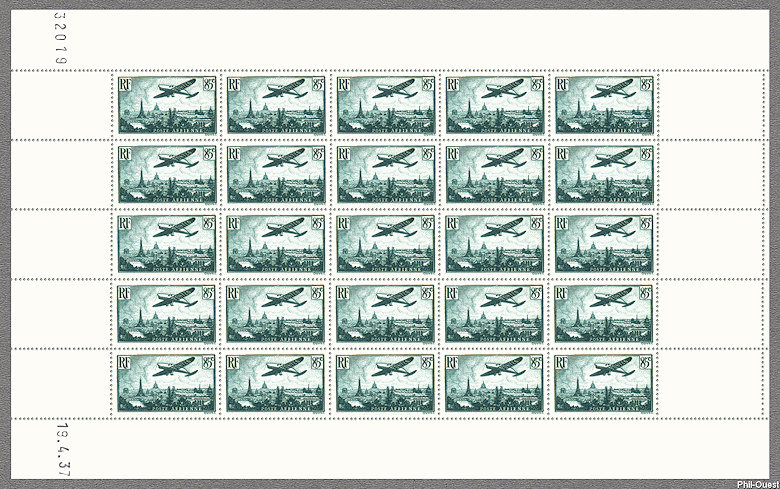 Avion survolant Paris 85c vert foncé - Feuille de 25 timbres