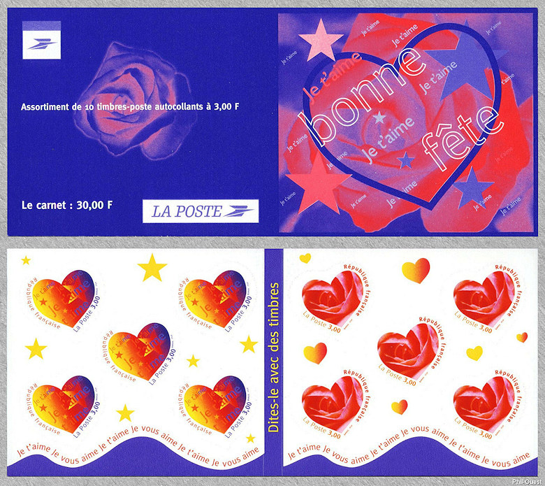 Carnet Saint Valentin «Je t'aime» 10 timbres auto-adhésifs