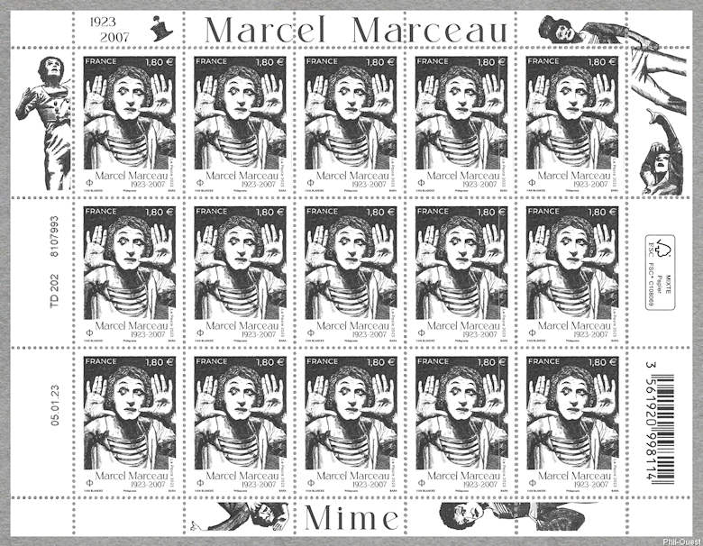 Feuillet de 15 timbres de Marcel Marceau 1923-2007