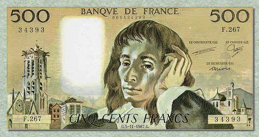 Le billet à de 500 F à l'effigie de Blaise Pascal
