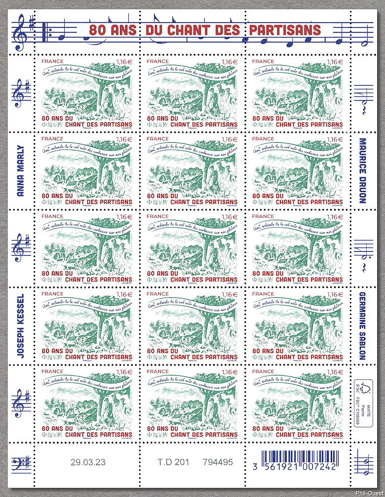 Feuille de  15 timbres des 80 ans du chant des partisans