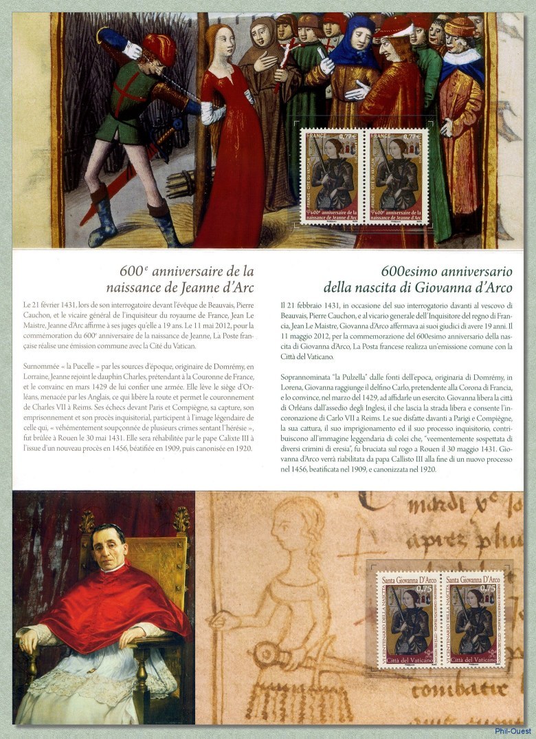 Image du timbre 600ème anniversaire de la naissance de Jeanne d'Arc.-Pochette de deux paires de timbres  France et Cité du Vatican