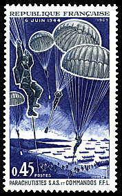 Image du timbre 25ème anniversaire du débarquement Parachutistes SAS et commandos FFL - 6 juin 1944