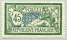 Image du timbre Merson 45c vert et bleu - centre bleu décalé