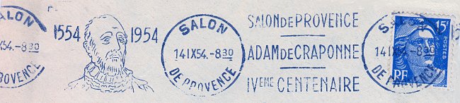 Flamme d´oblitération en continu de Salon de Provence
Adam de Craponne - IVème centenaire