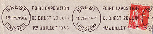 Flamme d´oblitération de Brest
«Foire-Exposition de Brest 20 juin - 1er juillet 1935»