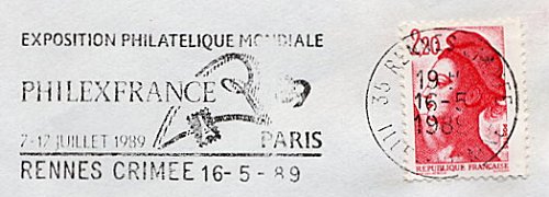 Flamme d´oblitération de Rennes Crimée
«Exposition philatélique mondiale
 PHILEXFRANCE 89
7-17 juillet 1989 PARIS»