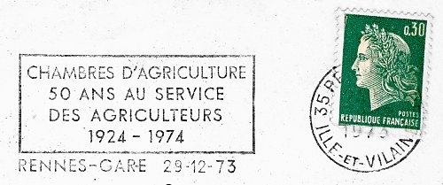 Flamme d´oblitération de Rennes Gare

«Chambres d´agriculture»
«50 ans au service des agriculteurs» 