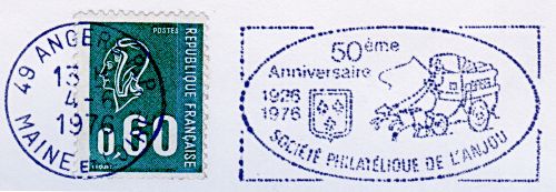 Flamme d´oblitération d´Angers R.P.
«50ème anniversaire Société Philatéliques Anjou - 1926-1976»