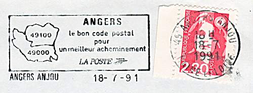 Flamme d´oblitération d´Angers Anjou
Angers, le bon code postal pour un meilleur acheminement