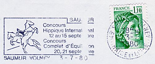 Flamme d´oblitération de Saumur Volney
«Concours hippique international 12-15 septembre
Concours complet d´équitation 20-21 septembre»