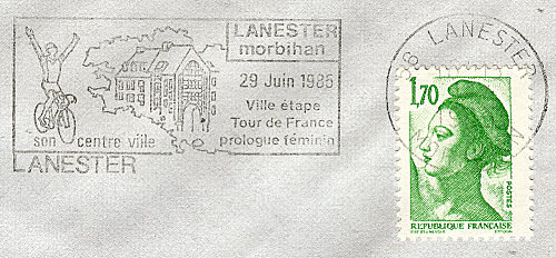 Flamme d´oblitération de Lanester
«Lanester Morbihan - son centre ville -29 juin 1985 ville étape du Tour de France - prologue féminin»