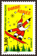 Image du timbre Bonne année - Père Noël surfant sur fond jaune