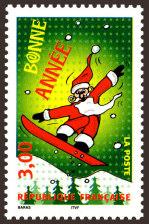 Bonne année - Père Noël surfant sur fond vert