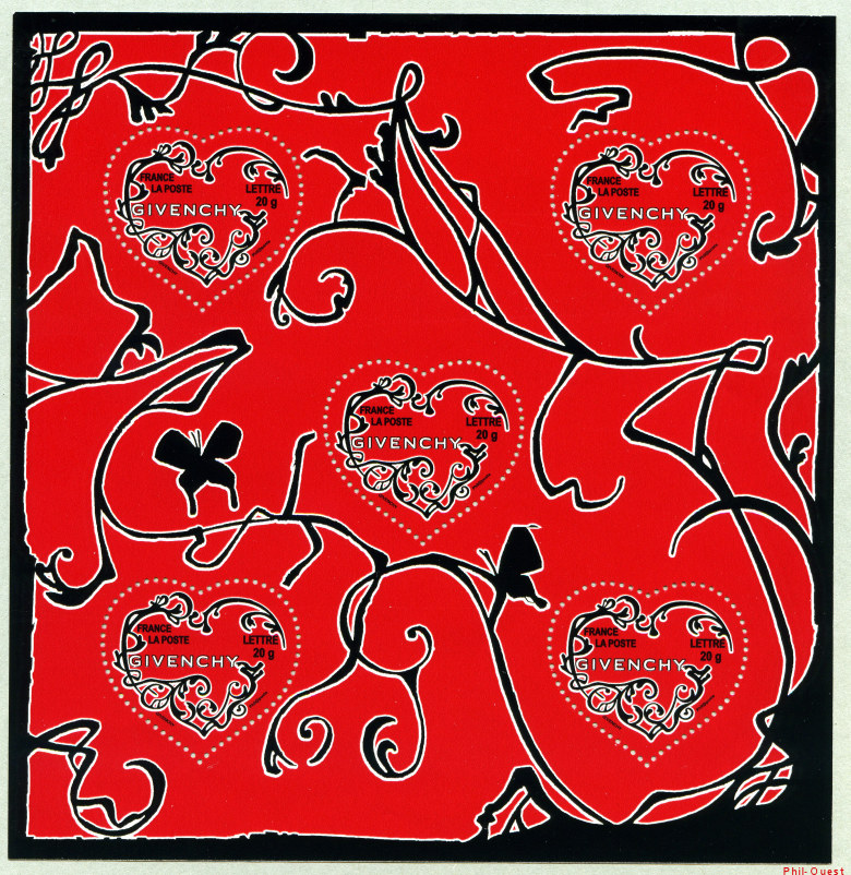Image du timbre Le coeur de Givenchy sur fond rouge