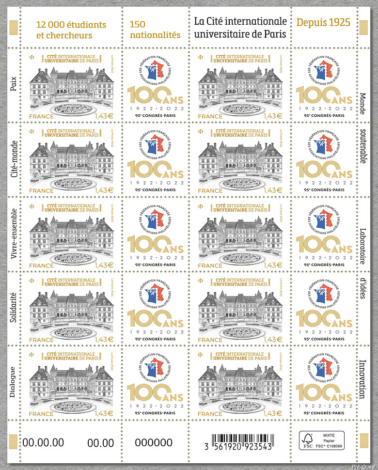Cité Internationale Universitaire de Paris - Feuille de 10 timbres