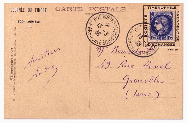 Journée du timbre 1938 - Carte FSPF 500° membre