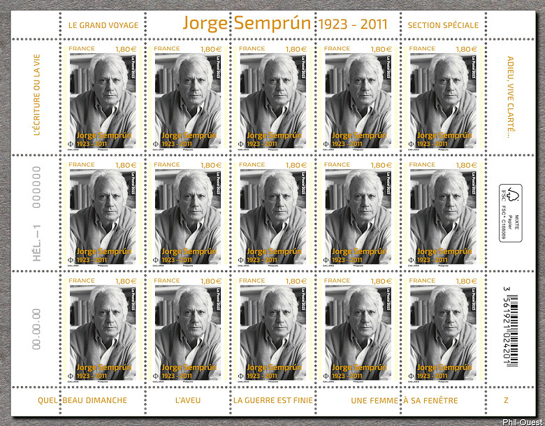 Jorge Semprún 1923 - 2011 - Feuillet de 15 timbres