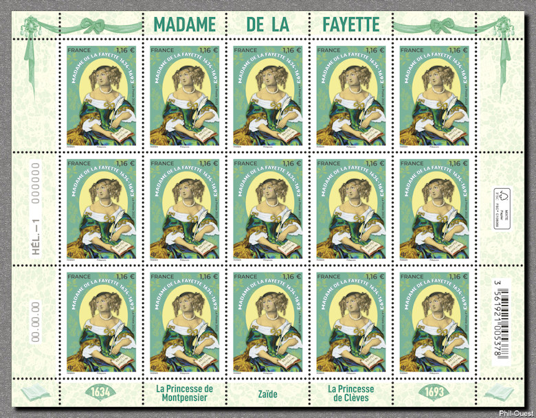 Feuille de 15 timbres de Madame de La Fayette  1634-1693