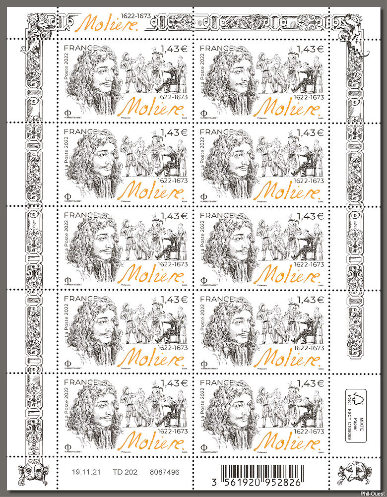 Feuillet de 10 timbres Molière 1622-1673
