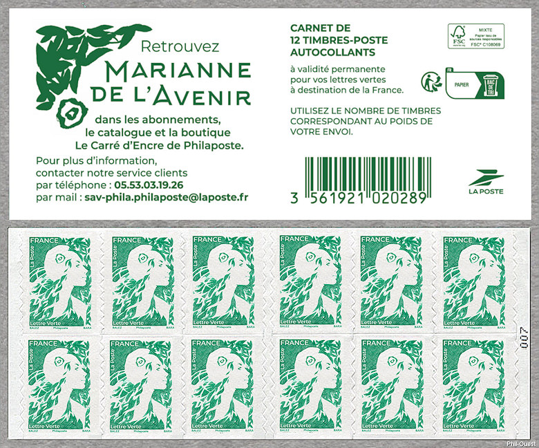 Carnet de 12 timbres autoadhésifs pour lettres vertes de 20 g
<br />
Abonnements, catalogue et boutique