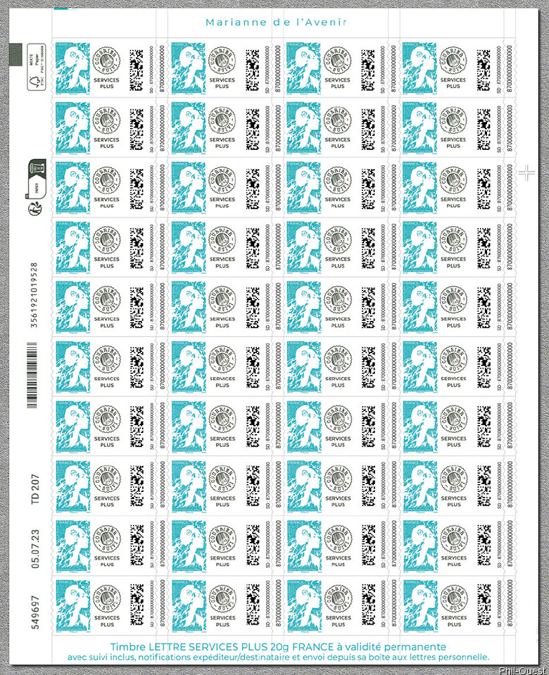 Image du timbre Feuille de timbres autoadhésif pour lettre verte courrier suivi Service Plus