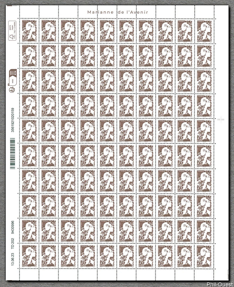 Image du timbre Feuille de 100 timbres gommés bistre à 0,05 €