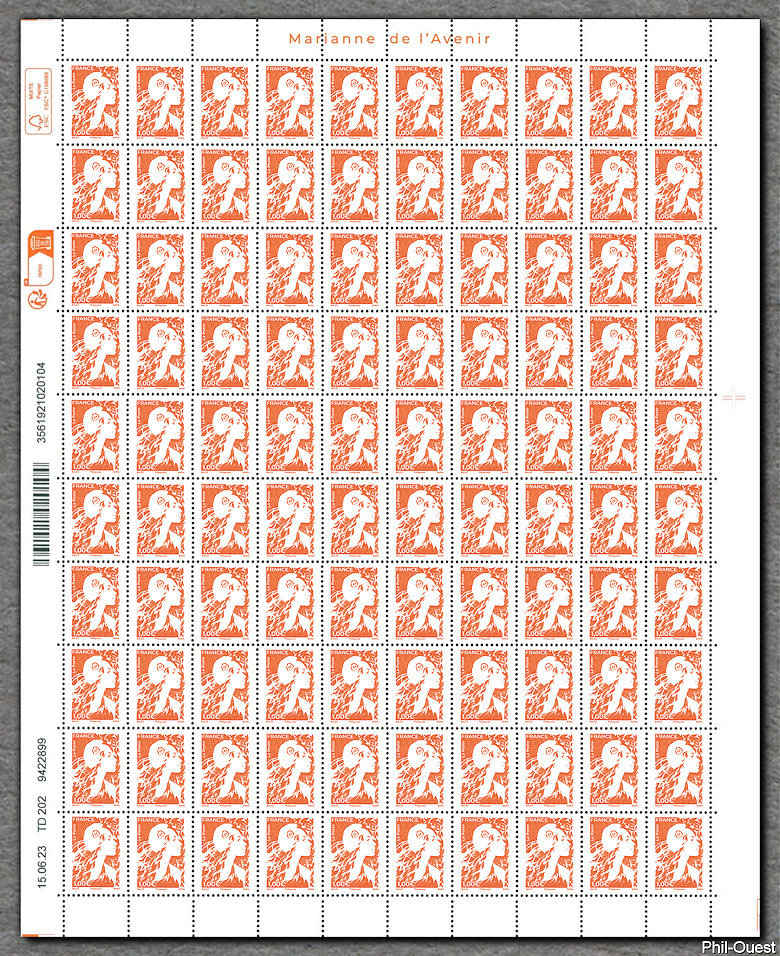 Feuille de 100 timbres gommés orange à 1 €