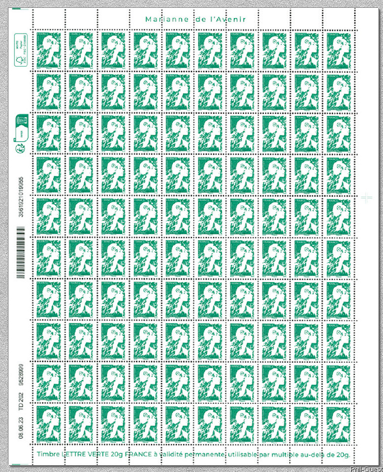Feuille de 100 timbres gommés pour lettres vertes de 20 grammes