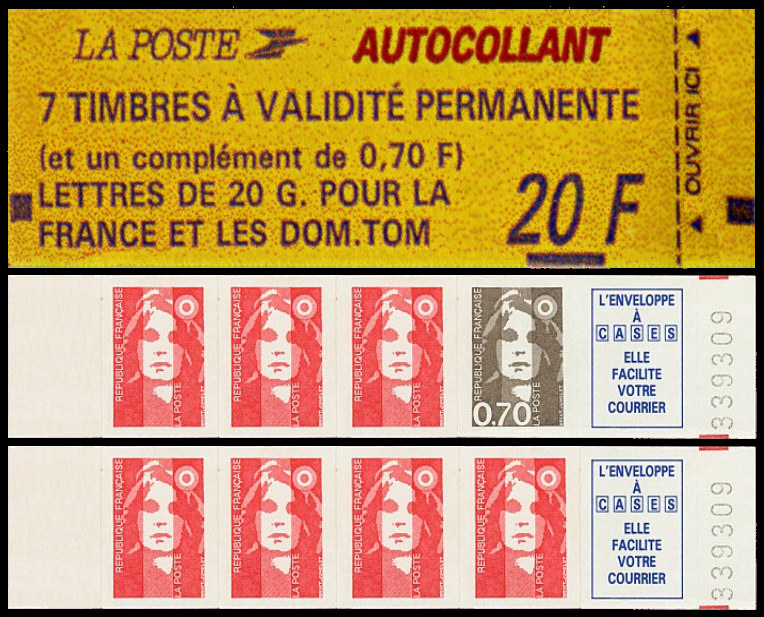 Image du timbre Marianne de Briat Carnet de 8 timbres autoadhésifs, valeur totale 20F «L´enveloppe à case, elle facilite votre courrier»
