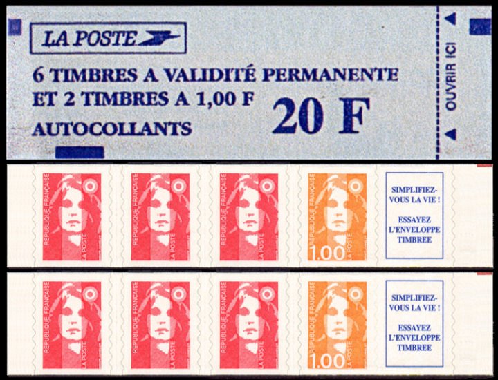 Carnet Marianne de Briat de 8 timbres autoadhésifs dont 6 sans valeur facial et 2 à 1F.<br />Simplifiez-vous la vie ! Essayez l´enveloppe timbrée.