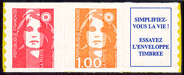 Diptyque issu de carnet Marianne de Briat avec un timbre sans valeur faciale, un timbre 1F orange et une vignette.
   Simplifiez vous la vie ! Essayez l'enveloppe timbrée