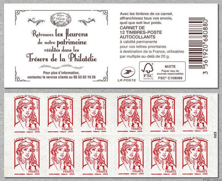 Carnet de 12 timbres pour lettre prioritaire de la Marianne de Ciappa et Kawena <br />Trésors de la Philatélie