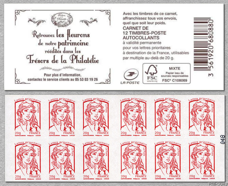 Carnet de 12 timbres pour lettre prioritaire de la Marianne de Ciappa et Kawena <br />Trésors de la Philatélie