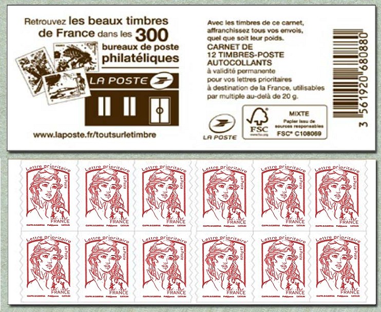 Carnet de 12 timbres pour lettre prioritaire de la Marianne de Ciappa et Kawena 
<br />
Retrouvez les beaux timbres de France dans les 300 bureaux de poste philatéliques