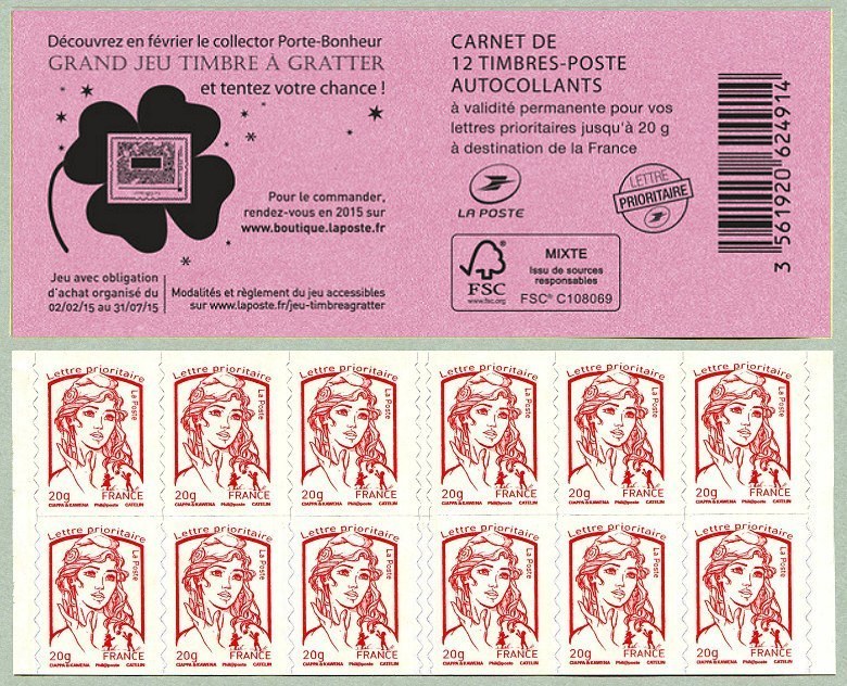 Carnet de 12 timbres pour lettre prioritaire de la Marianne de Ciappa et Kawena  
<br /> Grand jeu timbre à gratter