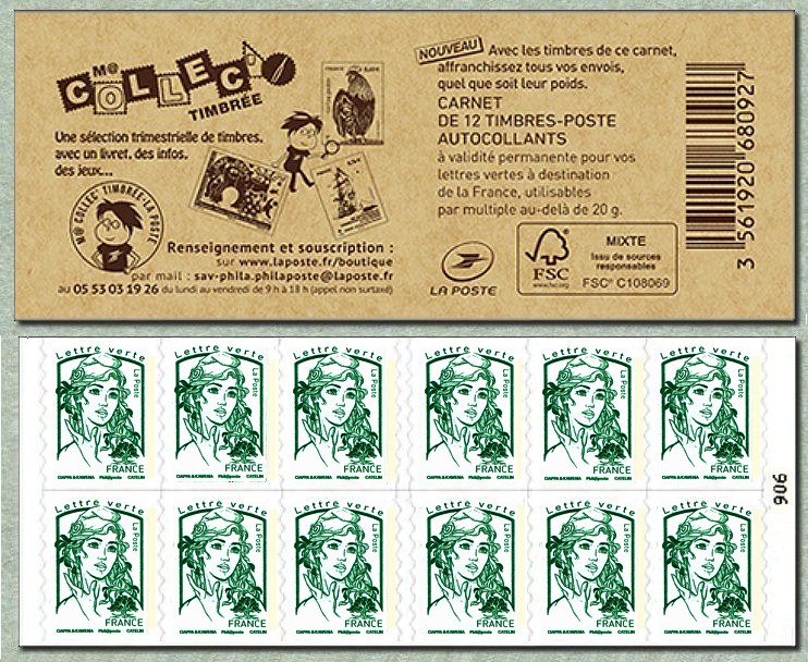 Carnet de 12 timbres pour lettre verte de la Marianne de Ciappa et Kawena - M@ COLLEC TIMBRÉE