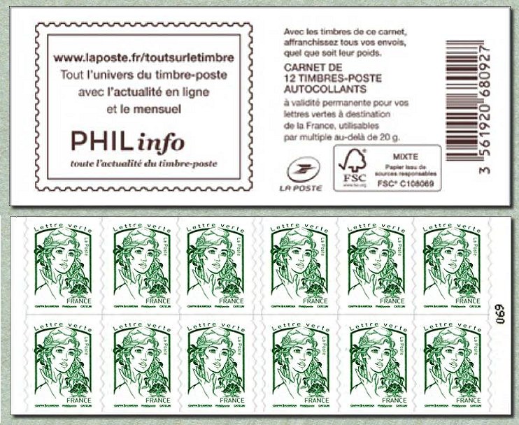 Carnet de 12 timbres pour lettre verte de la Marianne de Ciappa et Kawena <br />  PHIL<i>info</i> toute l´actualité du timbre-poste