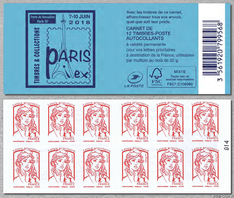 Carnet de 12 timbres pour lettre prioritaire de la Marianne de Ciappa et Kawena <br />PHILEX Paris du 7 au 10 juin 2018