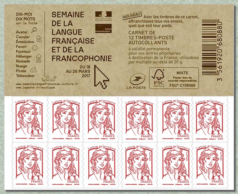 Image du timbre Carnet de 12 timbres pour lettre prioritaire de la Marianne de Ciappa et Kawena -« Semaine de la Langue Française et de  la Francophonie ». Du 18 au 26 mars 2017