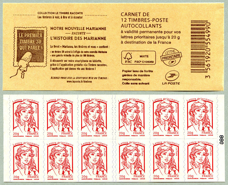 Carnet de 12 timbres pour lettre prioritaire de la Marianne de Ciappa et Kawena