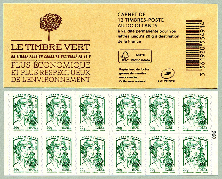 Image du timbre Carnet de 12 timbres pour lettre verte de la Marianne de Ciappa et Kawena