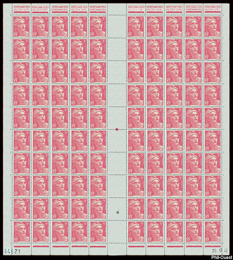 Feuille de  100 timbres de la Marianne de Gandon 5 F rose
