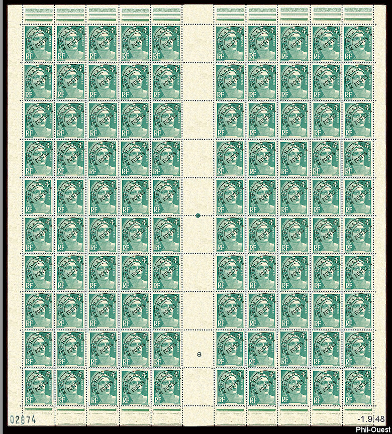 Feuille de 100 timbres de la Marianne de Gandon 4 F émeraude préoblitéré