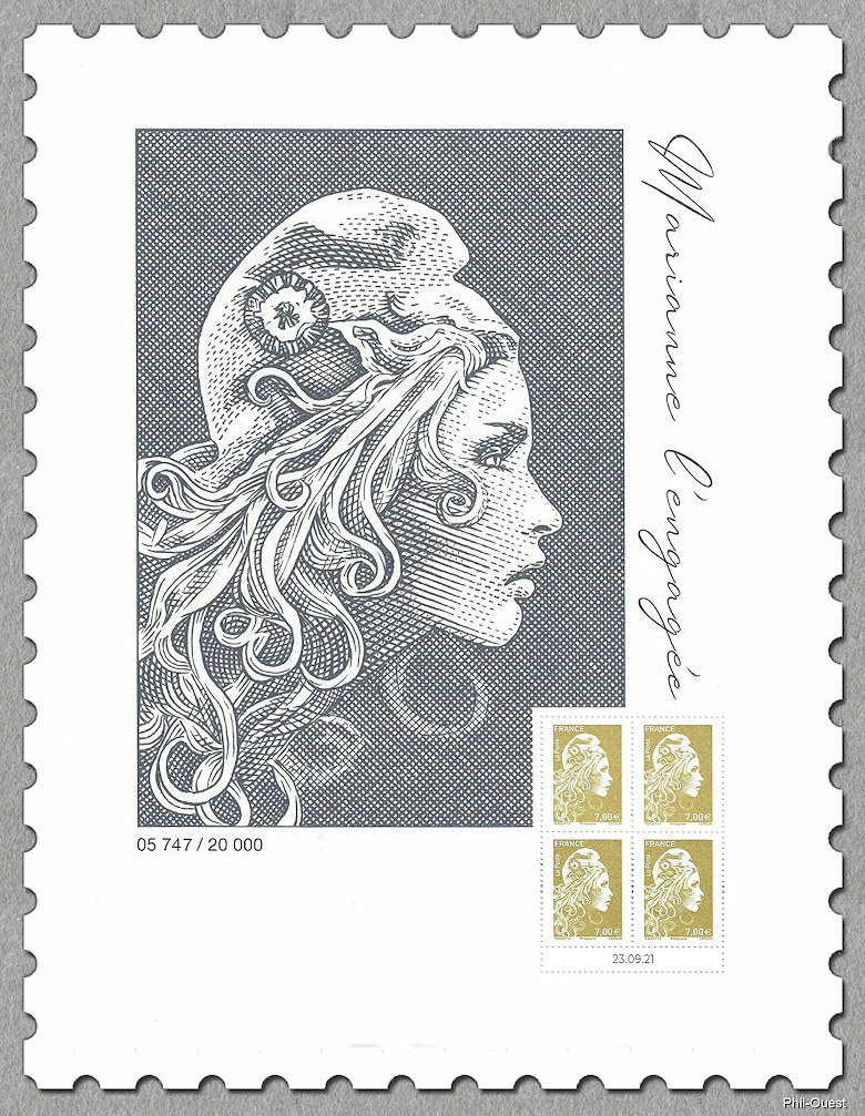 Affiche avec 4 timbres de Marianne l´Engagée