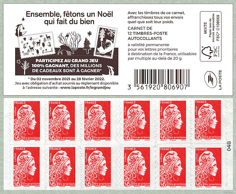 Marianne d´Yseult Digan <br /> Carnet de 12 timbres autoadhésifs pour lettre prioritaire jusqu´à 20g <br />Ensemble, fêtons un Noël qui fait du bien