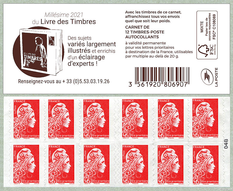 Marianne d´Yseult Digan <br /> Carnet de 12 timbres autoadhésifs pour lettre prioritaire jusqu´à 20g <br />Millésime 2021 du Livre des Timbres