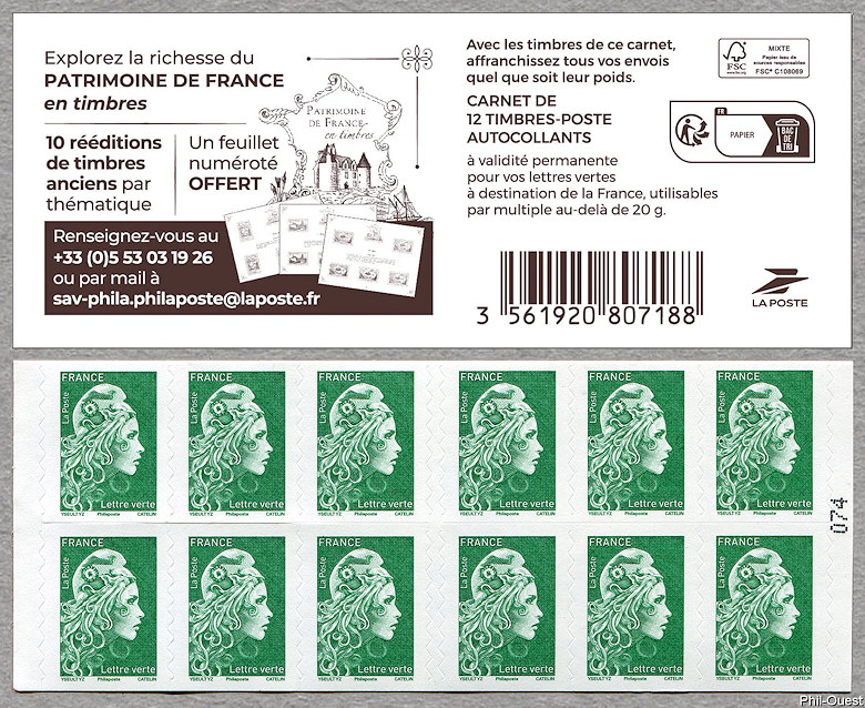 Image du timbre Marianne d'Yseult Digan- Carnet de 12 timbres autoadhésifs pour lettre verte jusqu'à 20g-Explorez la richesse du patrimoine de France en timbre
