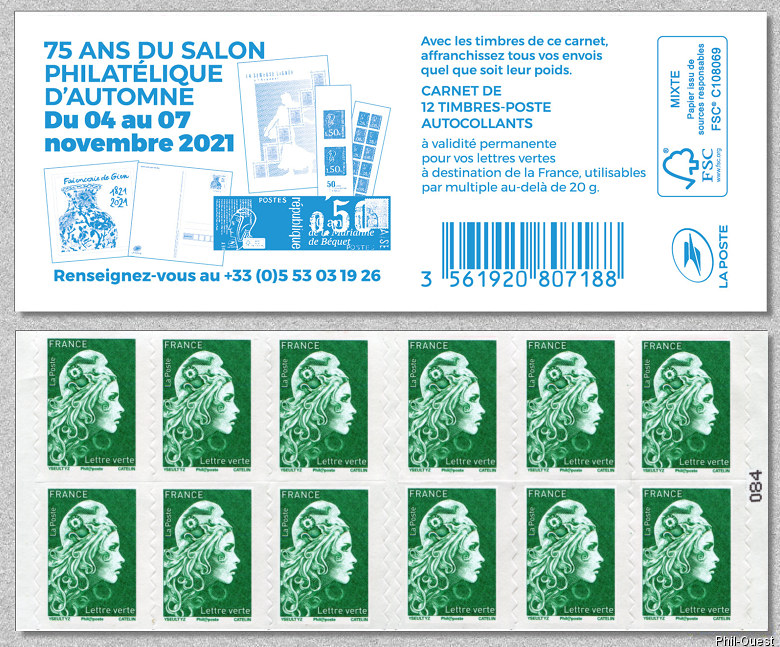 Marianne d´Yseult Digan<br /> Carnet de 12 timbres autoadhésifs pour lettre verte jusqu´à 20g  - 75 ans du Salon Philatélique d´Automne