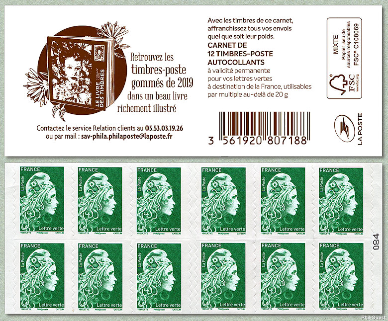 Marianne d´Yseult Digan<br /> Carnet de 12 timbres autoadhésifs pour lettre verte jusqu´à 20g « <i>La nouvelle Marianne</i> »